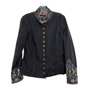Da-Nang Embroidered Military Style Jacket Sz Small Black Cotton Silk Lining